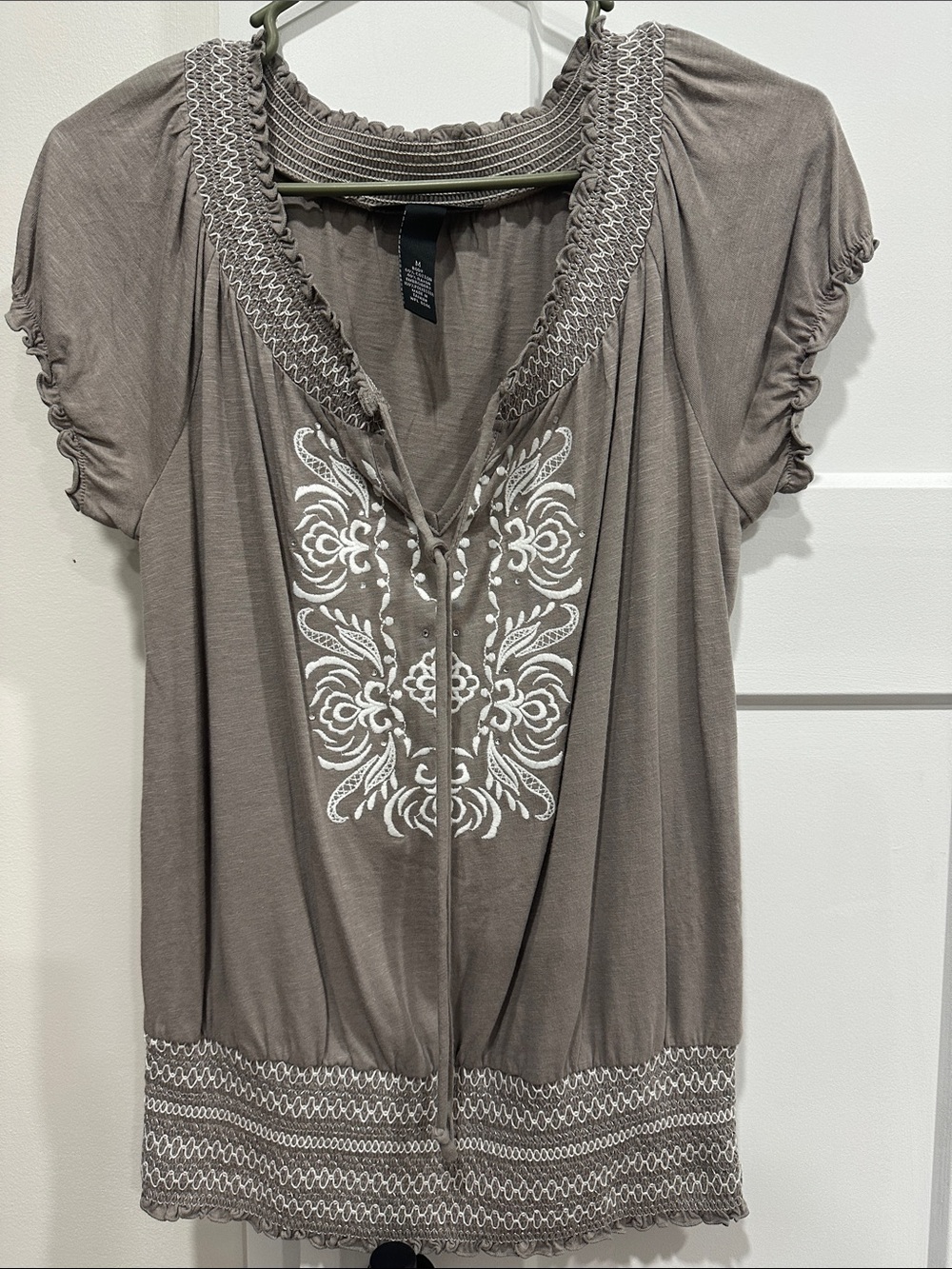 INC International Concepts Taupe Short-Sleeve Embroidered Peasant Top